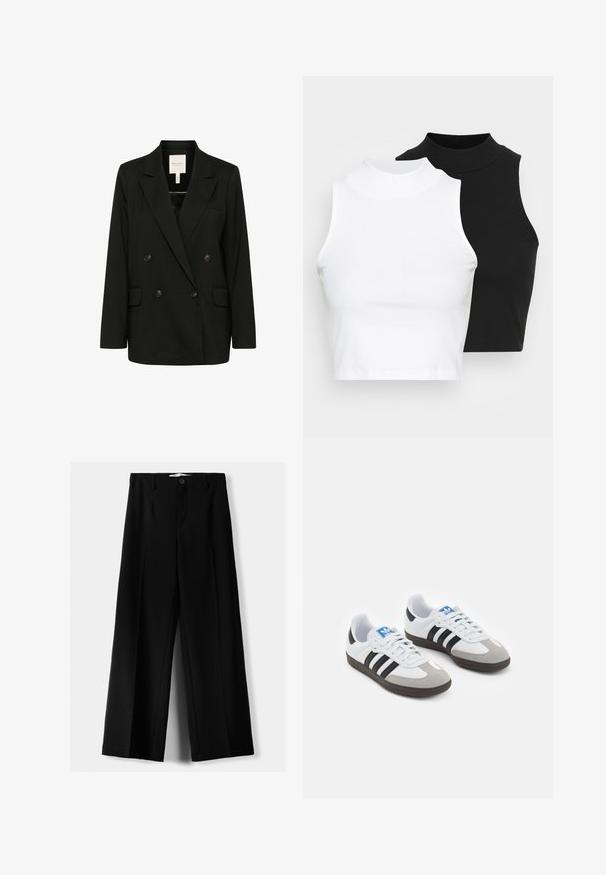 Musta kaksirivinen bleiseri, jossa on kaarevat läpytnat, kaksi etutaskua ja napitusyksityiskohtia. Valmistettu sileästä kankaasta, joka luo tyylikkään siluetin.; Kaksi hihattomaa ribattua kauluspaitaa mustana ja valkoisena, joissa on istuva muotoilu ja sileä rakenne, sekä lyhyt pituus.; Mustat leveälahkeiset housut, jotka on valmistettu kevyestä kankaasta. Housuissa on etunappikiinnitys ja tasainen etuosa, sekä huolellisesti ommellut helmat.; Urheilukengät, joissa on valkoinen nahkainen päällinen, harmaa mokkanokka ja kolme mustaa raitaa. Ominaisuuksina sininen logo kielekkeessä ja kuvioitu kumipohja.