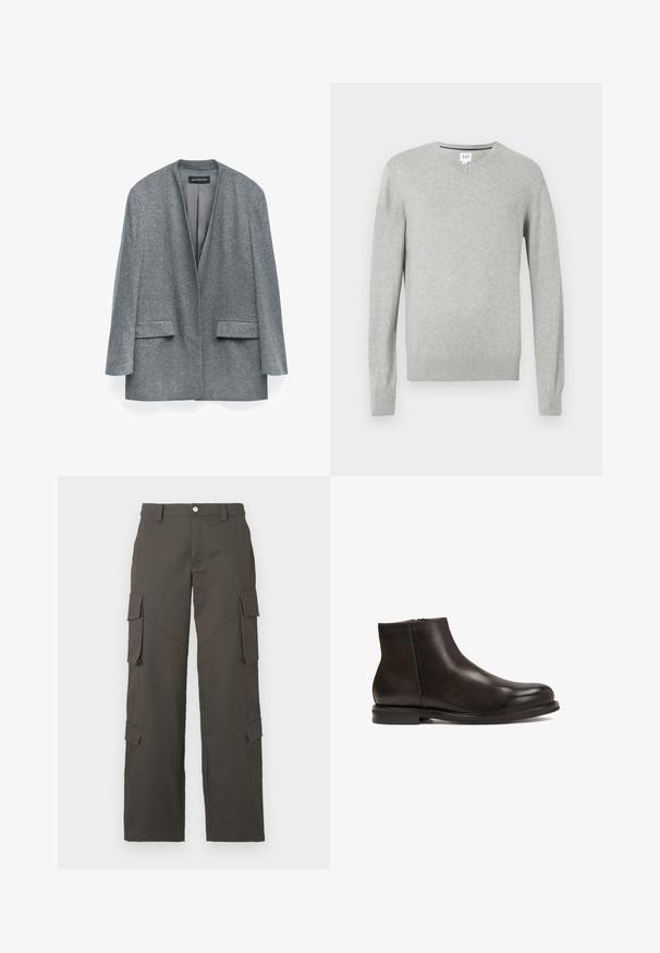 Grau gestrickter Blazer aus weichem Stoff, mit offenem Vorderteil, langen Ärmeln und seitlichen Taschen. Hat ein minimalistisches Design und eine leicht oversized Passform.; Hellgrauer Pullover, V-Ausschnitt, lange Ärmel, gerippte Bündchen und Saum, weicher Stoff. Markenlabel an der Halsöffnung.; Weißes Baumwoll-T-Shirt mit Rundhalsausschnitt, kurzen Ärmeln und lockerer Passform. Glatte Textur, keine Muster oder Verzierungen.; Dunkelgraue gerade Cargo-Hosen mit Knopfverschluss und vier Klappentaschen, zwei an den Oberschenkeln und zwei nahe den Waden.; Schwarze Leder-Ankle-Boots mit glatter Textur, runder Zehenform und niedrigem Absatz. Verfügt über einen seitlichen Reißverschluss für einfaches An- und Ausziehen.