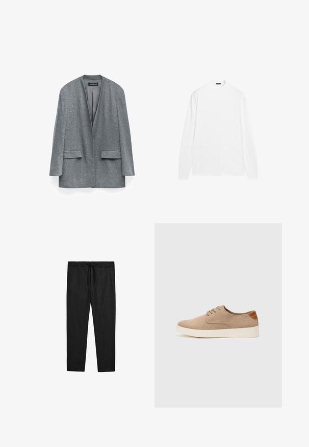 Blazer in lana grigia con una texture morbida, apertura frontale, maniche lunghe e tasche laterali. Presenta un design minimalista e una forma leggermente oversize.; Camicia bianca a maniche lunghe con scollo rotondo, realizzata in tessuto di cotone liscio. Presenta polsini a costine e un orlo dritto, senza motivi visibili.; Massimo Dutti JOGGER FIT - Pantaloni - black; Sneaker in suede beige con punta arrotondata, stringhe davanti e un accento testurizzato sul retro. La suola in gomma bianca offre un contrasto. Design semplice e moderno.