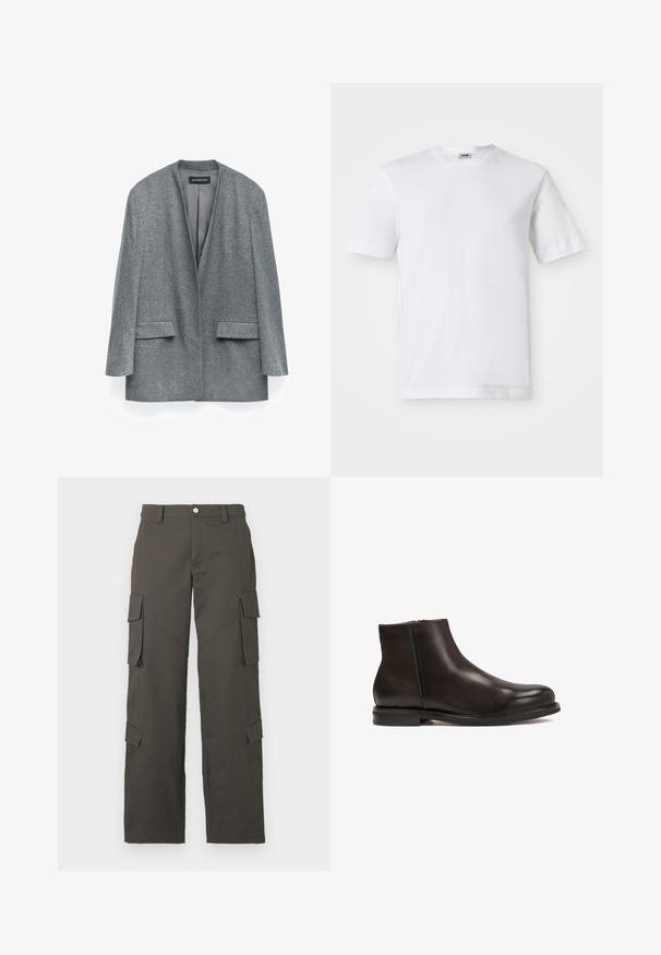 Blazer in lana grigia con una texture morbida, apertura frontale, maniche lunghe e tasche laterali. Presenta un design minimalista e una forma leggermente oversize.; T-shirt bianco in cotone con maniche corte, scollatura rotonda e una texture liscia. Non sono visibili motivi o accenti.; Pantaloni cargo dritti grigio scuro con chiusura a bottone e quattro tasche con pattina, due sulle cosce e due vicino ai polpacci.; Stivale alla caviglia in pelle nera con una superficie liscia, punta arrotondata e tacco basso. Presenta una zip laterale per indossarlo facilmente.