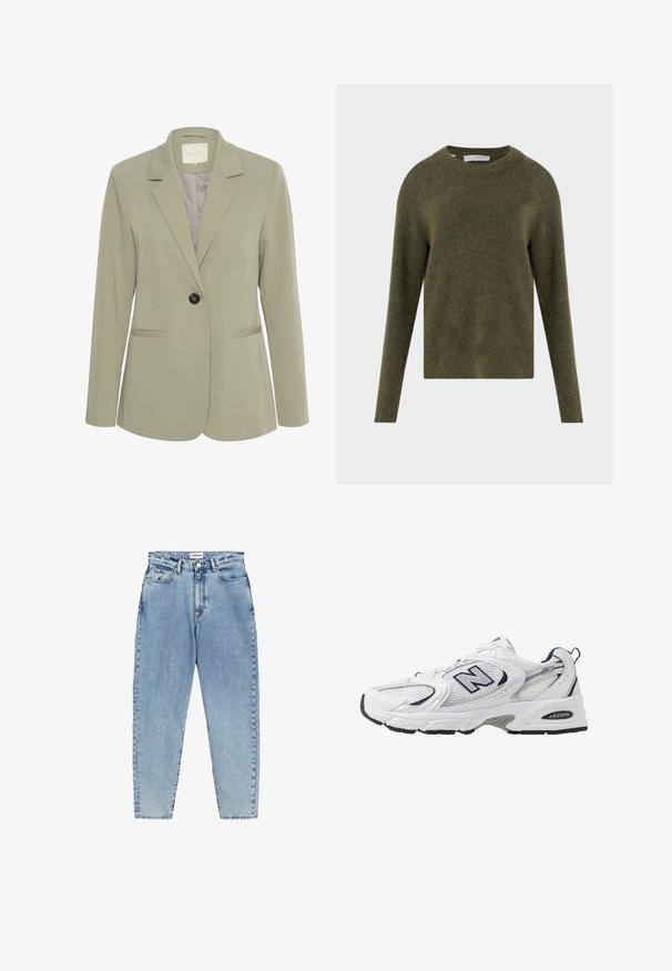 Kaffe KASAKURA BLAZER - Blazer - vetiver; Olive green wool sweater with a round neckline, long sleeves, and ribbed cuffs, paired with dark denim and a black belt. Soft texture.; White short-sleeve t-shirt, crew neck, made of soft, smooth cotton fabric, with a straight hem and minimal detailing. Plain and versatile design.; Light blue denim jeans with a high waist, straight leg design, and contrast stitching. Features front and back pockets, and a button closure.; White athletic shoe with mesh upper, navy accents, and cushioned sole. Features "N" logo, laces, and textured detail on side.