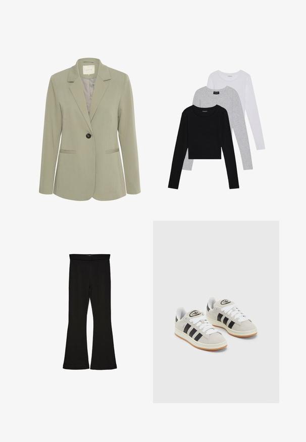 Kaffe SAKURA - Blazer - vetiver; Three long-sleeve tops stacked: black, grey, and white. Each has a round neckline and a cropped design with smooth, lightweight fabric.; Black flare leggings made from stretchy fabric. Features a wide waistband and a smooth texture, with a fitted silhouette that flares at the hem.; Gray suede sneakers with white laces, black stripes, and a white rubber sole. Features a circular logo on the tongue and a gum sole.