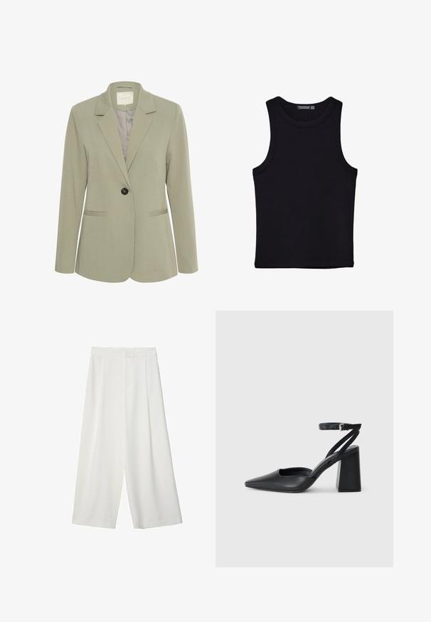 Kaffe SAKURA - Blazer - vetiver; Canotta nera in cotone, caratterizzata da un colletto rotondo e ampi giromanica. Texture liscia con orli cuciti. Design classico e minimalista.; Pantaloni bianchi a gamba larga e cropped con una texture liscia, caratterizzati da una parte anteriore piatta e senza chiusure o tasche visibili.; Pump in pelle nera con punta affusolata, cinturino alla caviglia e tacco spesso. Texture piatta, design elegante ed estetica minimalista.