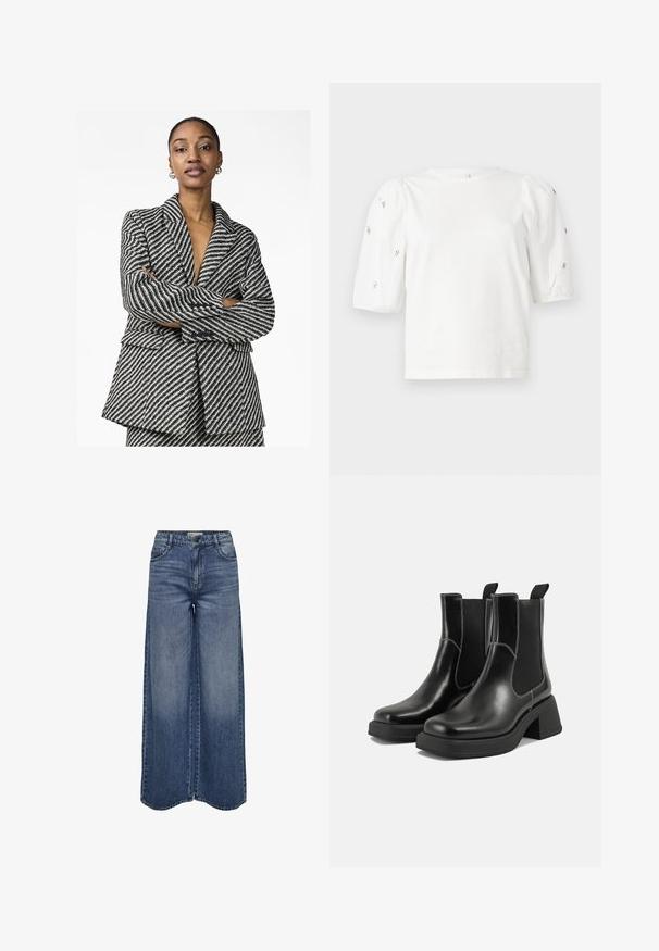 Melnas un baltas svītrainas žaketes ar iegrieztu apkakli, garām piedurknēm un diviem pogu aizdariem priekšpusē. Materiāls ir ar teksturētu apdari.; Balta kokvilnas t-kreklu ar īsām puff piedurknēm, ar nelieliem sudraba rotājumiem gar piedurknēm. Klasisks apaļš izgriezums, brīvā piegriezuma.; Plati zilu džinsu bikses ar augstu jostasvietu, klasisku piecu kabatu dizainu un izgaismotu mazgāšanu, kas nodrošina brīvu fit.; Melni ādas Čelsijas zābaki ar masīvu papēdi, elastīgām sānu panelēm un kontrastējošu balto šuvumu. Teksturēts apdare.