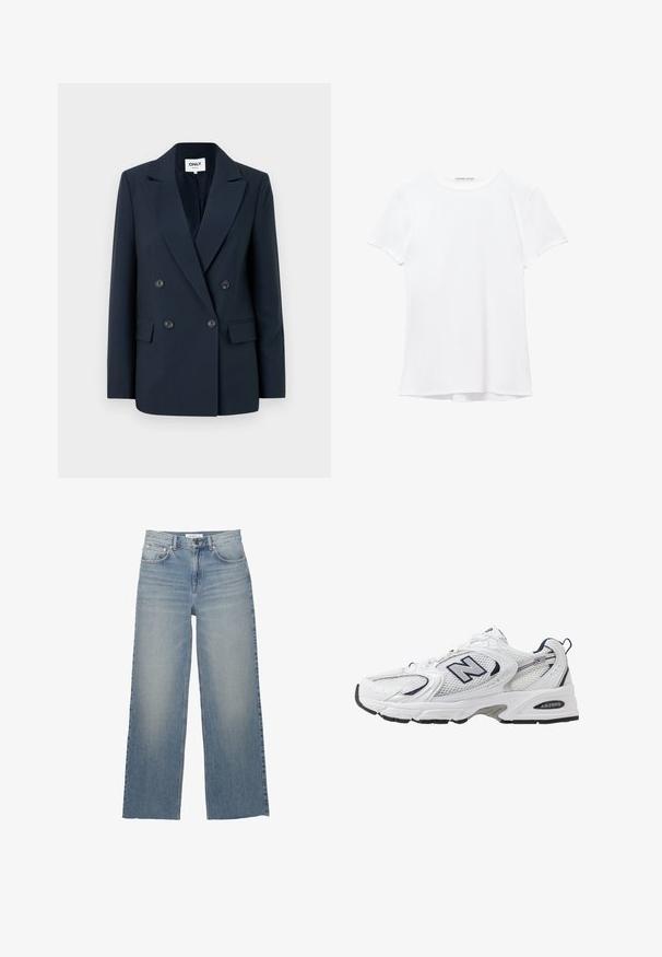 Granatowa dwurzędowa marynarka z wyłogami, dwiema przednimi kieszeniami i czarnymi guzikami, uszyta z gładkiej, teksturowanej tkaniny.; Biały krótki rękaw t-shirt wykonany z gładkiego materiału, z okrągłym dekoltem i subtelnymi detalami szycia na dole.; Jasnoniebieskie jeansy o szerokich nogawkach, wykonane z dżinsu, z wysokim stanem, kieszeniami z przodu i zapięciem na guzik. Gładka tekstura z wyblakłymi miejscami.; Białe sportowe buty z siateczkową cholewką, granatowymi akcentami i wyściełaną podeszwą. Posiadają logo "N", sznurówki oraz teksturowany detal po boku.