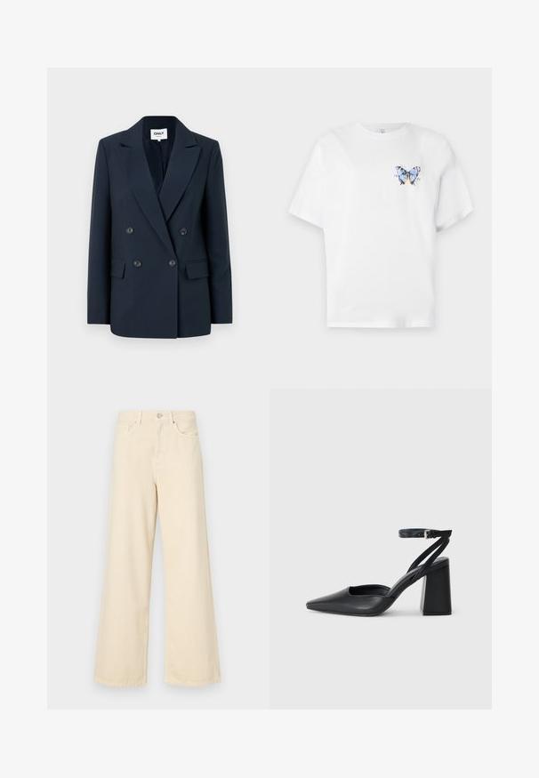 Tamsiai mėlynas dvigubos sagstymo švarkas su įstrižinėmis nepilnapadėmis, dviem priekinių kišenėmis ir juodomis sagomis, pagamintas iš lygaus, tekstūrinio audinio.; Balta medvilninė marškinė su spalvingu drugelio atspaudu kairėje krūtinės pusėje. Trumpomis rankovėmis ir laisvu siluetu.; Bežinės plačios kojos džinsai, pagaminti iš medvilnės. Turintys sagos uždarymą, diržo kilpas ir priekinės kišenes su lygia, švelnia tekstūra.; Juoda odinė smailiagalė aukštakulnio bateliai su kulkšnies dirželiu ir storu kulnu. Lygus paviršius, elegantiškas dizainas ir minimalistiška estetinė.