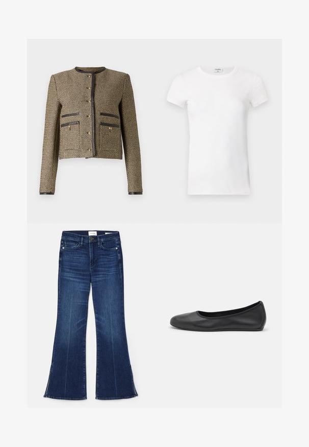 Kudottu takki kullassa ja mustassa, jossa on pyöreä pääntie, etutaskut ja kultaiset napit. Ominaisuuksia ovat rakenteellinen, lyhyt siluetti.; Valkoinen ribattu lyhythihainen T-paita pyöreällä kaula-aukolla. Kangas näyttää sileältä ja istuvalta. Brändilogo näkyvissä kauluksessa.; Tummansiniset leveälahkeiset farkut, jotka on valmistettu denimmateriaalista. Ominaisuuksiin kuuluu korkea vyötärö, etupocketit ja halkiokohdat helman kohdalla. Klassinen viiden taskun muotoilu.; Musta nahkainen ballerina, jossa on pyöristetty kärki, sileä pinta, minimaalinen ommelkoristelu ja joustava pohjamuotoilu.