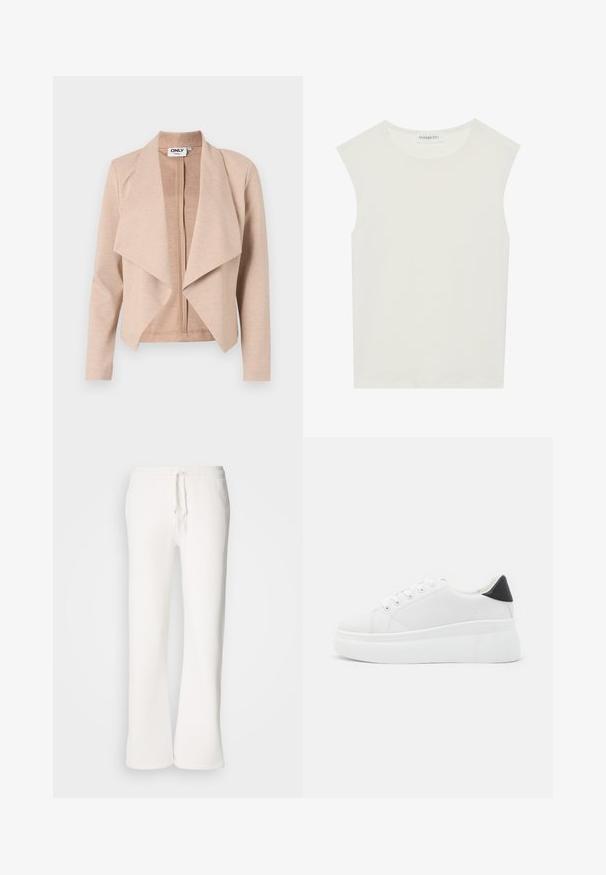 Svetlo bež jakna na zadrgo z drapirano sprednjo zasnovo, dolgimi rokavi in mehko teksturo. Oznaka vidna znotraj izreza.; Bela brezrokavnica s okroglim izrezom. Narejena iz gladkega materiala, ima sproščen kroj in minimalističen dizajn. Brez vzorcev ali okrasnih elementov.; Bela, sproščena trenerka iz mehkega blaga, z elastičnim pasom in vrvico ter naravnim krojem nogavic.; Bele platform tenisice izdelane iz gladkega sintetičnega materiala, z zaobljenim prstom, sistemom vezalk in teksturiranim gumijastim podplatom. Črn dodatek na peti.
