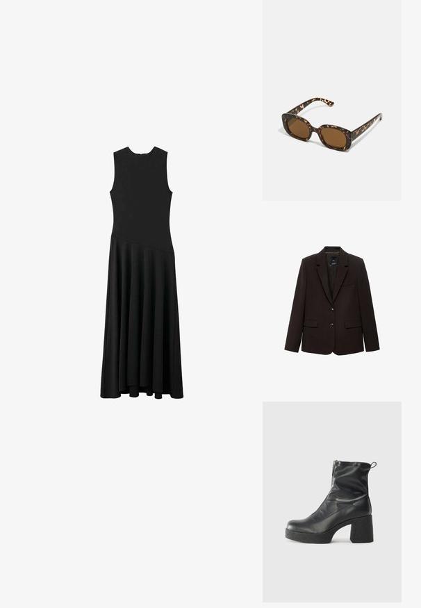 Ciemnobrązowa marynarka wykonana z teksturowanej tkaniny, z klapami w szpic, dwoma przednimi kieszeniami i zapięciem na dwa guziki. Podszewka wewnętrzna.; Czarna, bezrękawnikowa sukienka maxi z dopasowaną górą i rozkloszowanym dołem, charakteryzująca się gładką teksturą i minimalistycznym designem, bez widocznych zapięć.; Czarne botki za kostkę wykonane z gładkiej skóry, wyposażone w boczny zamek błyskawiczny, masywny teksturowany obcas oraz zaokrąglony czubek.; Okulary przeciwsłoneczne w kratkę z zaokrągloną, grubą oprawą i brązowymi soczewkami. Posiadają subtelne wzory oraz proste, zwężane zauszniki.; Czarna skórzana torba hobo o gładkiej fakturze, zaokrąglonym kształcie i pojedynczym, regulowanym pasku; posiada szerokie otwarcie na górze.