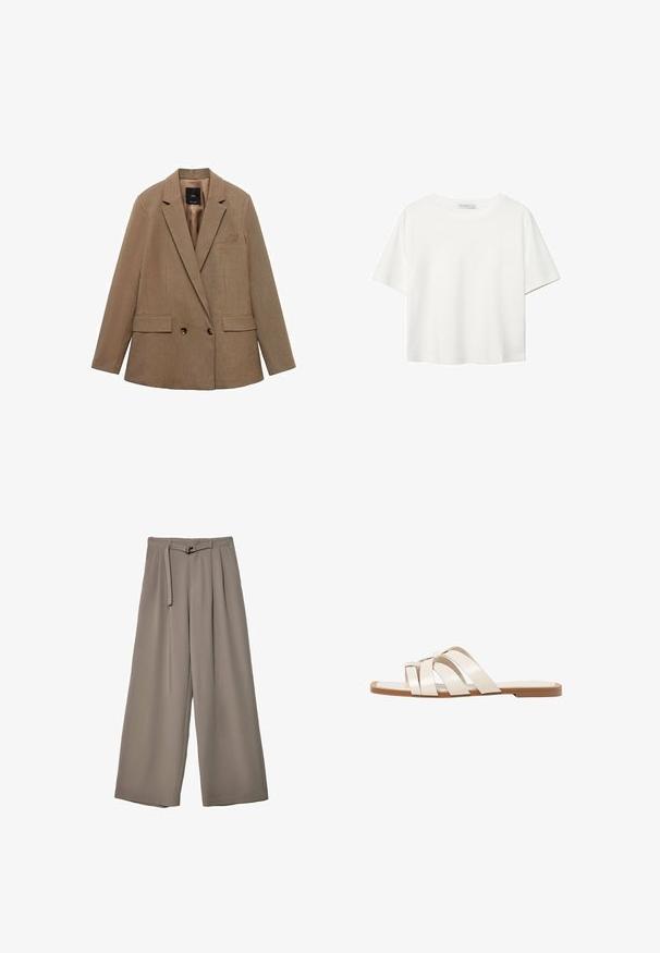 Smeđi dvoredni sako izrađen od teksturiranog materijala. Ima dva prednja džepa, reveri u obliku zareza i glatku unutrašnju oblogu.; Bijela majica kratkih rukava od pamuka. Ima okrugli izrez i opušteni kroj. Glatka tekstura bez vidljivih uzoraka ili naglasaka.; Široke hlače u mekoj, prigušenoj sivoj tkanini, s remenom na struku i plisiranim detaljima za dodatni dizajn. Glatka tekstura, bez uzoraka.; Ravne sandale s smeškom od gume, dizajnirane s tri preklapajuće bele kožne trake i malim detaljem mašne u sredini.