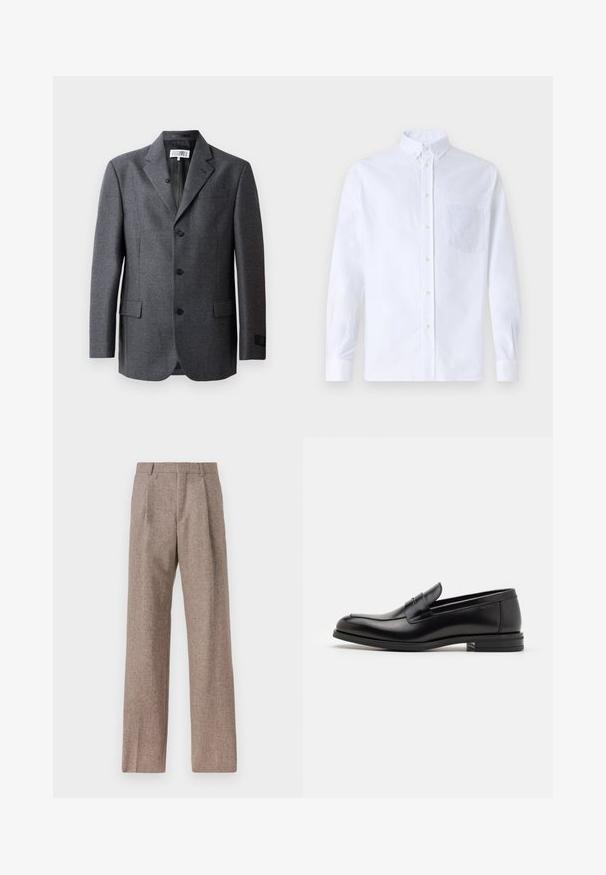 Szary żakiet wykonany z fakturowanej tkaniny, z klapami w kształcie notcha, trzema przednimi guzikami, dwoma bocznymi kieszeniami i jedną kieszenią na piersi.; Biała koszula z długim rękawem na guziki, wykonana z bawełny, z kieszonką na piersi z tonowym haftem, kołnierzykiem i zapięciem na guziki przy mankietach.; Brązowe, wysokiej talii spodnie wykonane z teksturowanej tkaniny. Posiadają szerokie nogawki i dwa przednie zakładki dla lepszej struktury. Starannie wykończone, bez widocznych elementów metalowych.; Czarne skórzane mokasyny o gładkiej fakturze, zaokrąglonym nosku i dekoracyjnym pasku na przodzie. Niski, warstwowy obcas, minimalistyczny design.