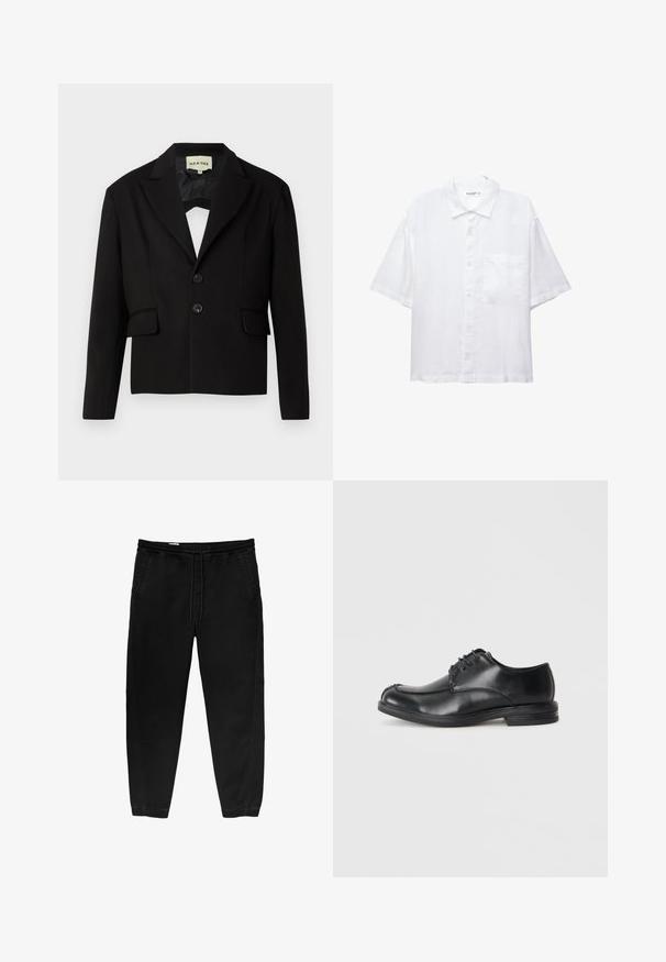 Čierny skrátený blazer s výstrihom do V, dvoma prednými vreckami a dvoma čiernymi gombíkmi. Hladká tkanina s pevnou siluetou.; Biela košeľa s krátkymi rukávmi, s zapínaním na gombíky, golierom a jednou malou náprsní kapsou. Vyrobená z ľahkého materiálu s hladkou textúrou.; Čierne nohavice s elastickým pásom a šnúrkou na stiahnutie, so zúženými nohavicami, bočnými vreckami a jemnými detailmi švov na boku. Mäkká textúra bavlnenej tkaniny.; Čierne kožené šnurovacie topánky s okrúhlou špičkou, hladkým povrchom a nízkym podpätkom. Obsahujú vypracovanie švov pozdĺž vrchu a strán.