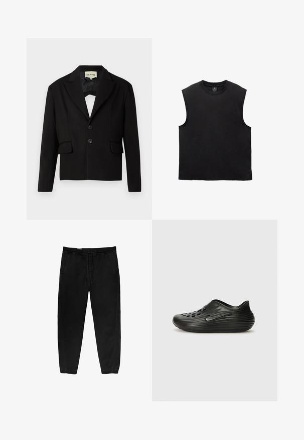 Musta lyhyt bleiseri, jossa on terävä kaulus, kaksi etutaskua ja kaksi mustaa nappia. Silkkinen kangas, jossa on jämäkkä siluetti.; Musta hihaton puuvillapaita, jossa on pyöreä kaula-aukko, rento istuvuus ja ommellut saumat. Sileä pinta, yksinkertainen muotoilu.; Mustat joustavat vyötäröhousut, joissa on nyöri, kapenevat lahkeet, sivutaskut ja hienovaraiset sivustikkaukset. Pehmeä puuvillakangas.; Mustat liukuvat klumpit, jotka on valmistettu sileästä muovista ja joissa on uritettu muotoilu, ylätasossa rei'itettyjä aukkoja ja hienovarainen sivulogo.