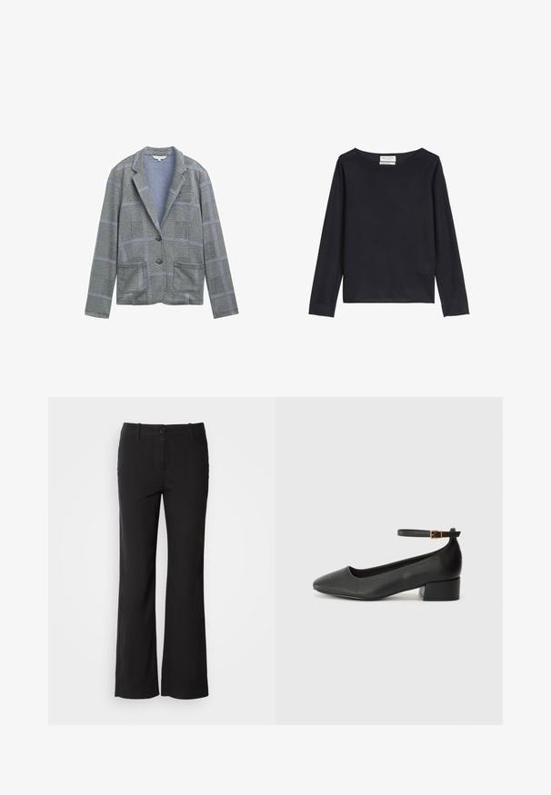 Pilkas languotas švarkas su įpjovu apykakle, dviem priekinėm kišenėm, vieno mygtuko uždarymu ir tekstūruotu audinio raštu.; Marc O'Polo Džemperis - deep night blue; Juodi medvilnės mišinio kelnės su tiesiu kirpimu, priekyje su mygtukų užsegimu ir dviem šoninėmis kišenėmis. Lygi tekstūra, be matomų raštų.; Juodas odinis aukštakulnis batelis su smailiu pirštu ir žemu bloku. Su kulkšnies dirželiu su auksinės spalvos sagtimi. Lygus paviršius.