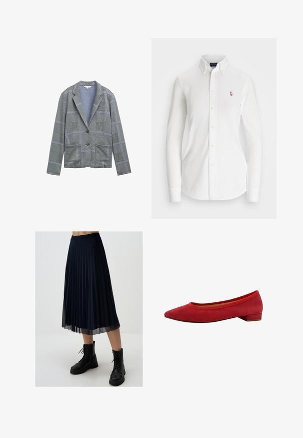 Grau karierter Blazer mit Reverskragen, zwei Fronttaschen, Ein-Knopf-Verschluss und strukturiertem Stoffmuster.; Weißes Langarm-Hemd mit Knöpfen und spitzem Kragen aus Baumwolle. Verfügt über ein kleines gesticktes Logo auf der linken Brust.; Marineblauer Faltenrock aus leichtem Stoff, mit mittellanger Länge bis zur Wadenmitte und einem enganliegenden Taillenbund, kombiniert mit schwarzen Kampfstiefeln.; Rote Wildleder Ballerinas mit spitzem Zeh, niedrigem Blockabsatz und elastischem Besatz am Schaft für eine enge Passform.