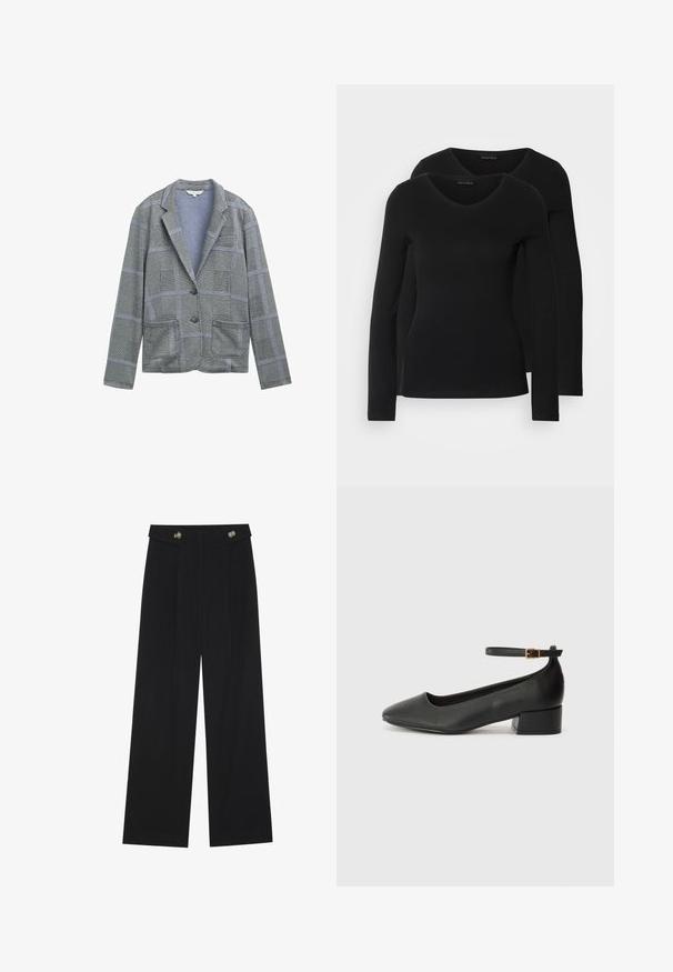 Gray checkered blazer with a notched lapel, two front pockets, single button closure, and textured fabric pattern.; Two black long-sleeve shirts with a V-neck design, made of soft, stretchy fabric, showing smooth texture and a fitted shape.; Black wide-leg trousers with high waist, button details on waistband, and front pleats.; Black leather pump with a pointed toe and a low block heel. Features an ankle strap with a gold-tone buckle. Smooth texture.