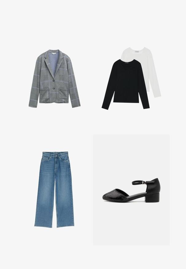 Hall gray checkered bleiser, millelõikega krae, kaks esist pocketit, ühekordne nööbikulu ja tekstuuriga kangamuster.; Kaks pikka varrukatoppi, üks must ja teine valge, mõlemad ruudukujulise kaelusega ja valmistatud pehmest, venivast kangast.; Heledad helesinist sinised laiad teksad kõrge vöökohaga, viis taskut ja nähtav õmblus; kangas on kergelt tekstureeritud viimistlusega.; Mustad pahkluu rihmking, millel on terav nina, tekstureeritud ülemine osa ja madal plokkkonts stabiilsuse tagamiseks. Materjaliks on pehme naha ja sünteetilise kanga segu.