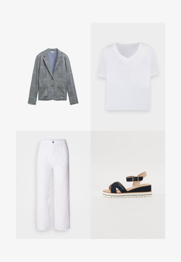 Grijze geblokte blazer met een gesneden revers, twee voorzakken, enkele knoopsluiting en een gemêleerd stofpatroon.; Witte cropped t-shirt met een v-hals, korte mouwen en een gladde, lichte stof. Geen patronen of zichtbare hardware. Eenvoudig ontwerp.; Witte denim wijde broek met een knoopsluiting, ceintuurlussen, twee voorkeurszakken en een enkele achterzak. Duurzaam en gestructureerd materiaal.; Marineblauwe sandaal met twee stoffen banden, verstelbare enkelband en gestructureerde beige achterkant. Dikke, witte, gekartelde zool. Merk gedrukt op de band.