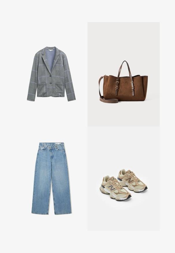 Grå rutigt blazer med slagkrage, två framfickor, enkel knappstängning och texturerad tygmönster.; Ljus beige linne gjort av mjuk tyg, med tunna justerbara band och en V-ringad halslinje samt en något avslappnad passform.; Ljusblå vida jeans i denim, med hög midja, fem fickor, knappstängning och subtil blekning för textur.; Beiga sneakers i mesh och mockamaterial. Har en svart logotyp och texturerade detaljer. Tjock vit mellansula och svart gummisula.; Brun mockaklädsel tote-väska med en strukturerad form, dubbla läderhandtag, justerbar axelrem och detaljer i guldton.