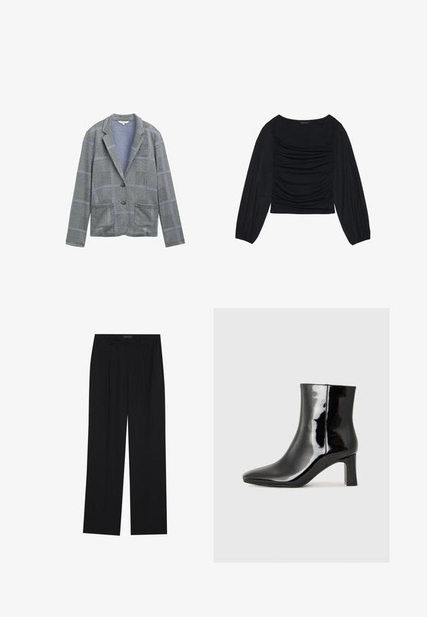 Sivi karirani blejzer s reverima, dva prednja džepa, zatvaranje na jedno dugme i teksturirana tkanina.; Crna bluzica dugih rukava s naboranim detaljima na prednjem dijelu i na zapešćima, izrađena od mekog, rastezljivog materijala s izrezom u obliku čamca.; Crne hlače ravnog kroja, s dva prednja džepa i pojasom. Izrađene od glatkog, laganog materijala.; Crne lakirane kožne gležnjače s šiljastim prstom i srednje visokom blok petom. Glatka tekstura i minimalistički dizajn.