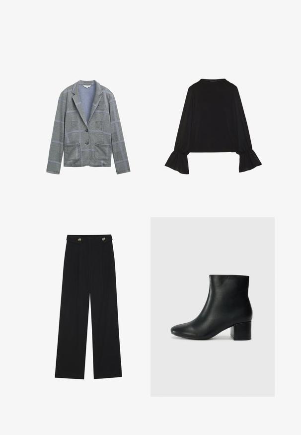 Grau karierter Blazer mit Reverskragen, zwei Fronttaschen, Ein-Knopf-Verschluss und strukturiertem Stoffmuster.; Schwarz langärmliges Oberteil mit ausgestellt geschnittenen Bündchen, weicher Textur und entspannter Passform, mit einem schlichten runden Halsausschnitt.; Schwarze weite Hosen mit hoher Taille, Knopfdetails am Bund und vorderen Falten.; Schwarze Leder-Ankle-Boots mit spitzem Zehenbereich und klobigem Absatz. Glatte Textur mit minimalen Akzenten und einem eleganten, taillierten Design.