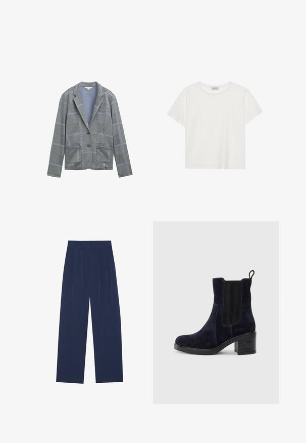 Pelēkā pārbaude žakete ar izgrieztu atloku, divām priekšējām kabatām, vienu pogu un teksturētu auduma rakstu.; Balts īsām piedurknēm T-krekls, kas izgatavots no mīksta kokvilnas. Tam ir apaļš izgriezums un brīvs piegriezums. Tīrs dizains bez redzamām rakstiem vai akcentiem.; Tumši zili platleņķa bikses, kas izgatavotas no mīksta auduma, ar priekšējo krokām, gludu tekstūru un taisnu piegriezumu bez redzamām kabatām.; Jūras zilas zamšādas potītes zābaki ar elastīgu sānu paneļu, noapaļotu purngalu un bloku papēdi. Tekstūrizēta auduma un gludas zoles salīdzinājums.