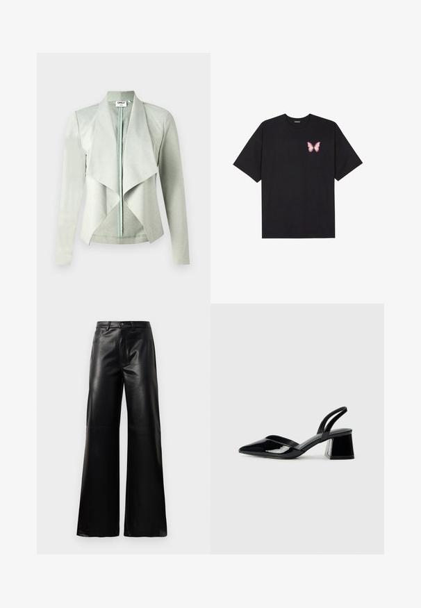 Heled roheline, pika varrukaga jakk avatud ees, millel on langev kaelus ja sile, pehme tekstuur. Valmistatud venitatavast kangast.; Must muströöpidega must puuvillane T-särk, vasakul rinnal on väike roosa liblikas. Ümar kaelus ja vabalt istuv lõige.; Mustad talje laiad jalad kunstnahast püksid esipaneeli nööbi ja lukuga, vöödega ja küljetaskutega valge tausta peal.; Mustad musta lakknahk kingad, millel on terav varvas ja geomeetriline plokkkonts. Omab elegantselt minimalistlikku disaini ja sujuvat tekstuuri.