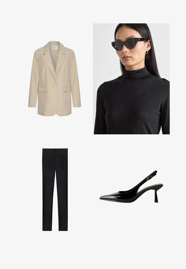 Blazer beige avec un motif à pois subtil, fermeture à un bouton, revers crantés et deux poches avant. Coupe ajustée avec des manches longues.; Chemise blanche à boutons avec un col pointu, des manches longues et un petit logo bleu sur la poitrine gauche. Fabriquée en tissu en coton.; Leggings noirs en tissu extensible ; présentent une texture lisse, un design à longueur complète et une taille élastique sans coutures visibles.; Racine à talon en cuir verni noir avec un nez pointu, des côtés découpés, une bride de cheville ajustable et un talon fin et élégant.; Lunettes de soleil noires en forme d'œil de chat avec des verres sombres, monture noire texturée et accents de paillettes subtils. Le modèle porte un col roulé noir.; Sac à main en cuir blanc avec ferrures dorées, doté d'un rabat et d'une bandoulière amovible et réglable. Ornement métallique rond au centre.; Montre numérique dorée avec un cadran rectangulaire, écran LCD, bracelet en acier inoxydable et boutons sur le côté. Présente un label résistant à l'eau.