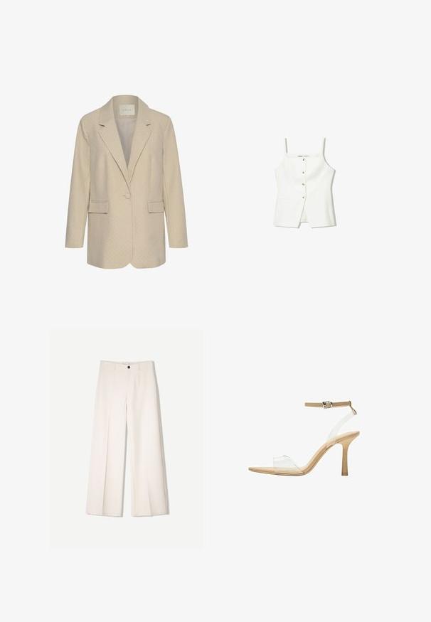 Blazer beige con un sottile motivo a pois, chiusura a un bottone, rever a notched e due tasche frontali. Vestibilità su misura con maniche lunghe.; Top bianco senza maniche con bottini frontali, tasche laterali e un design aderente con orlo leggermente svasato. Texture liscia, minimalista nei dettagli.; Pantaloni larghi color crema con design sartoriale, dotati di due tasche frontali e una chiusura con bottone anteriore, realizzati in tessuto liscio.; Sandal con tacco trasparente e parte superiore trasparente, plantare beige e una sottile cinghia alla caviglia. Presenta una punta appuntita e un tacco alto e sottile.