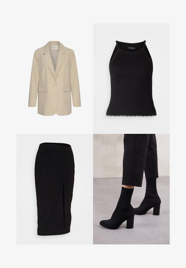 Beige Blazer mit einem dezenten gepunkteten Muster, einreihiger Knopfverschluss, mit Revers und zwei Vordertaschen. Figurbetonte Passform mit langen Ärmeln.; Schwarzes, geripptes Tanktop mit gewellten Spitzenabschluss am Saum. Mit dünnen Trägern und einer figurbetonten Passform. Hergestellt aus dehnbarem Material.; Schwarzer, geraffter Bleistiftrock mit Bindegürtel und seitlichem Schlitz. Hergestellt aus einem dehnbaren Stoff, mit glatter Textur und figurschmeichelndem Design.; Schwarze, knöchelhohe Stiefel mit einem gerippten, sockenartigen Obermaterial, glatter Oberfläche, abgerundeter Zehenform und einem Blockabsatz für Stabilität.