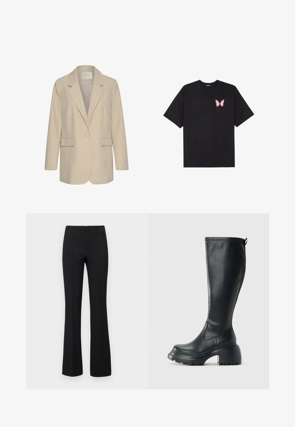 Beige blazer with a subtle dotted pattern, single button closure, notched lapels, and two front pockets. Tailored fit with long sleeves.; Black cotton t-shirt with short sleeves, featuring a small pink butterfly graphic on the left chest. Crew neck design with a relaxed fit.; Black flared trousers with a ribbed texture and fitted waist. The design features vertical seams for a streamlined look. No visible hardware.; Tall black leather boot with chunky platform sole and block heel, featuring pull tab and textured tread on outsole.