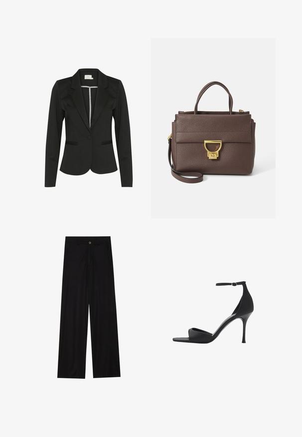Black blazer made of smooth fabric, featuring a fitted design, notched lapels, single button closure, and two front pockets.; Black turtleneck sweater made of soft knit fabric. Features long sleeves and a fitted design with a straight hemline.; Wide-leg black trousers made of a smooth fabric, featuring front pockets and a button closure at the waist. Minimalist design with no patterns.; Mango High heeled sandals - black; Brown leather handbag with textured surface, gold hardware, top handles, and detachable shoulder strap; features a front flap with a clasp closure.; Gold-tone rectangular wristwatch with a white dial, silver-tone hour markers, and a durable metal link bracelet. Water-resistant feature included.