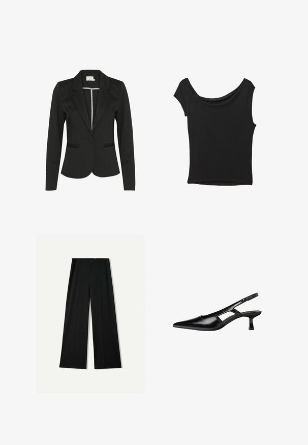 Schwarzes Blazer aus glattem Stoff, mit schmalem Schnitt, Reverskragen, einem Knopfverschluss und zwei vorderen Taschen.; Schwarzes Kurzarmoberteil aus glattem Stoff; hat einen drapierten Ausschnitt und einen asymmetrischen Saum, mit einem figurbetonten Körper.; Bershka WIDE - Stoffhose - black; Schwarze Lackleder-Slingback-High Heels mit spitzer Zehenform, ausgeschnittenem Seitendesign und kleinem Blockabsatz. Glatte Textur mit minimalen Akzenten.