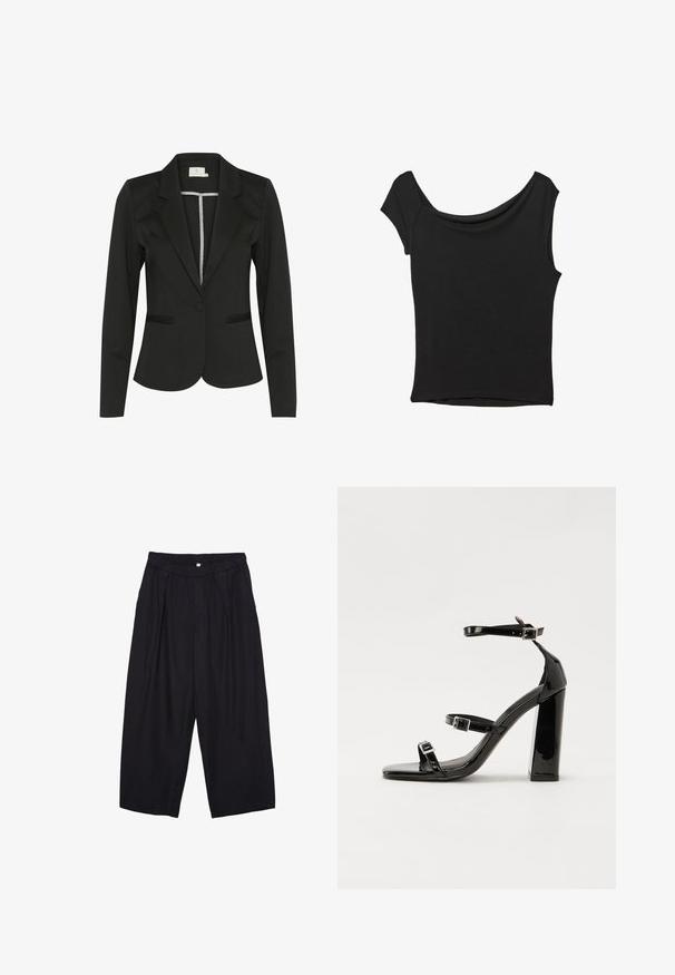 Črn blazer iz gladkega blaga, ki se ponaša z oprijetim krojem, zareznimi klapnami, zapiranjem na en gumb in dvema sprednjima žepoma.; Črna kratka majica s kratkimi rokavi iz gladkega blaga; ima drapiran izrez in asimetrično spodnjo rob, s prilegnjenim telesom.; Črne poliesterske culotte hlače z elastičnim pasom, dvema sprednjima nabiranjema in ohlapnim krojem. Brez vidnih vzorcev ali kovinskih detajlov.; Črne lakirane sandale s peto, kvadratnim prstom, trakovi okrog gležnja in srebrnimi zaponkami. Opremljene so s stabilno Debelo peto.