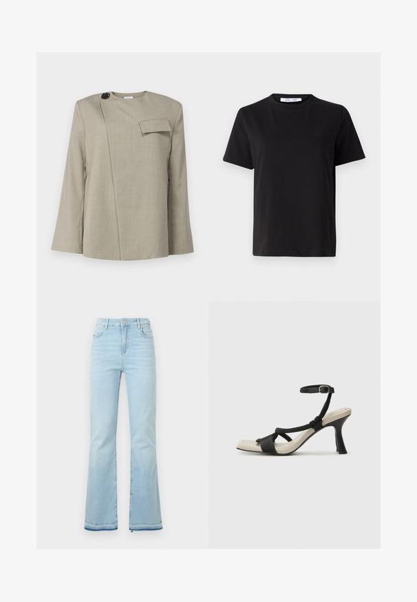 DAY Birger et Mikkelsen PHILIPA CLASSIC BLEND - Blazer - petrified oak; Schwarzes T-Shirt mit kurzen Ärmeln aus weicher Baumwolle, mit rundem Ausschnitt, lockerer Passform und glatter Textur. Keine sichtbaren Muster oder Grafiken.; Hellblaue Schlagjeans aus Denim, mit hoher Taille, Vordertaschen und einem rohen Saum an den Bündchen für einen lässigen Look.; Schwarze Absatzsandale mit geflochtenem Riemendesign, quadratischer Spitze und verstellbarem Knöchelriemen. Helle beigefarbene Sohle mit glänzendem schwarzen Absatz.