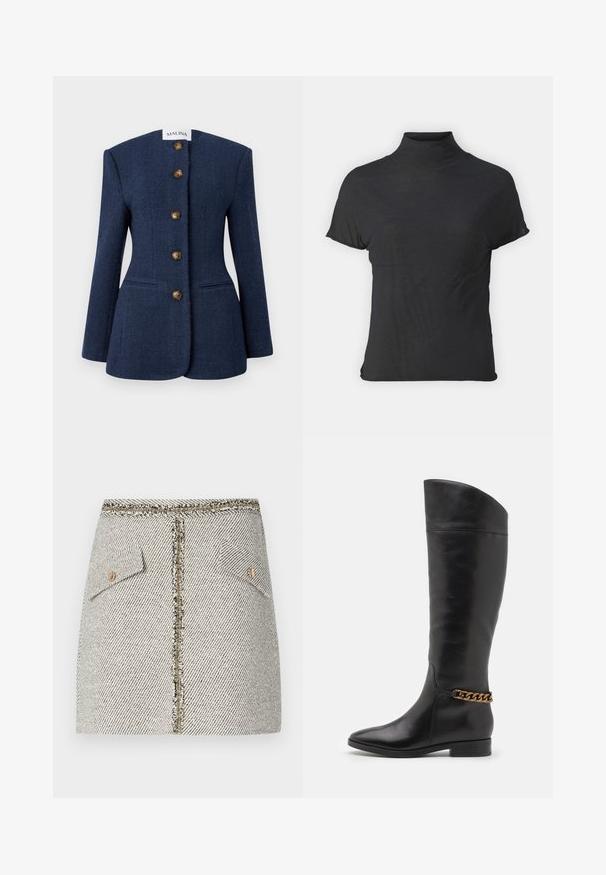 Granatowa marynarka z tweedu o wyraźnej strukturze, pięcioma brązowymi guzikami i dwiema kieszeniami z przodu. Posiada wysoki, płaski kołnierz oraz długie rękawy.; Czarny krótki top z golfem, wykonany z lekkiego materiału o gładkiej teksturze i dopasowanym kroju, z wysokim kołnierzem.; Tkaninowa spódnica z tweedu w białym i czarnym wzorze w jodełkę, posiada dwie przednie kieszenie oraz złoty zamek błyskawiczny z tyłu z postrzępionymi krawędziami.; Wysokie czarne skórzane botki o eleganckim designie, ze spiczastym noskiem i złotym łańcuszkiem na kostce. Niski blokowy obcas. Gładka tekstura.
