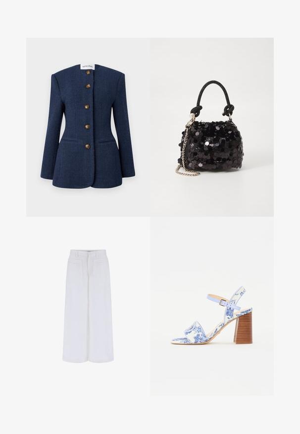 Tumši zilā vilnas auduma žakete ar strukturētu dizainu, pieciem brūniem pogām un divām priekšējām kabatām. Iespējo augstu, plakanu apkakli un garām piedurknēm.; Balts īsais T-krekls, izgatavots no gludas kokvilnas, ar augstu kakla izgriezumu un īsām piedurknēm. Neliels izšūts logo apakšējā stūrī.; Baltas platas bikses ar gludu tekstūru, ar divām priekšējām kabatām un pogu aizdari, paredzētas brīvai piegulšanai.; Zili ziedu raksta sandales ar kvadrātu purngalu, platu siksnu un regulējamu potītes siksnu, kurām ir struktūrēts koka bloks papēdis.; Melna spīguļota mini rokas soma ar mezglotu teksturētu siksniņu un sudraba ķēdi. Apaļa forma ar sakopotām malām un atstarojumu detaļām.