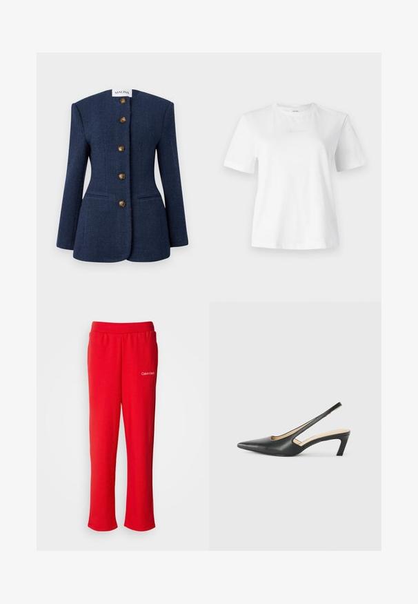 Tamsiai mėlynas audinio švarkas su struktūrizuotu dizainu, penkiomis rudomis mygtukais ir dviem priekinėmis kišenėmis. Yra aukšta, plokščia apykaklė ir ilgomis rankovėmis.; Balta medvilnė marškinėliai trumpomis rankovėmis, apvaliu iškirpimu ir subtiliu iškilniu Calvin Klein logotipu priekyje. Lygi tekstūra, klasikinis pjūvis.; Raudoni medvilniniai sportiniai šortai su elastinga juosta ir laisvu kirpimu. Ant apatinės kairės pusės yra mažas baltas "Calvin Klein" logotipas.; Juodas smailus slingback batelis su žemu kulnu, pagamintas iš lygaus odos paviršiaus ir su išpjovomis šone, užtikrinančiomis oro pralaidumą.