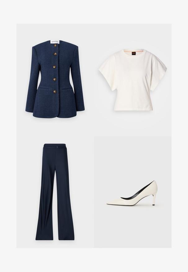 Navy blue tweed blazer with a structured design, five brown buttons, and two front pockets. Features a high, flat collar and long sleeves.; White cropped T-shirt, short wide sleeves, soft cotton material, round neckline with subtle orange trim, minimal design, no patterns or graphics.; Navy wide-leg pants with smooth texture, featuring a flat waistband and a subtle metal accent at the front.; White patent leather high-heeled pump with a pointed toe, slim heel, and black interior detailing. Smooth texture and sleek design.