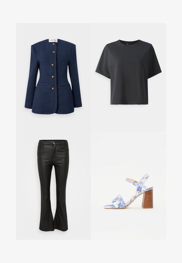 Granatowa marynarka z tweedu o wyraźnej strukturze, pięcioma brązowymi guzikami i dwiema kieszeniami z przodu. Posiada wysoki, płaski kołnierz oraz długie rękawy.; Czarny bawełniany t-shirt, krótkie rękawy, okrągły dekolt, luźny krój, gładka tekstura, prosty design, bez wzorów ani akcentów.; Czarne spódnie o szerokim kroju, z błyszczącą, skórzopodobną teksturą, z przednimi kieszeniami, zapięciem na guzik oraz bocznymi rozcięciami u dołu.; Niebieskie sandały w kwiatowy wzór z kwadratowym noskiem, szerokim paskiem i regulowanym paskiem wokół kostki, z teksturowanym, drewnianym obcasem w kształcie bloku.