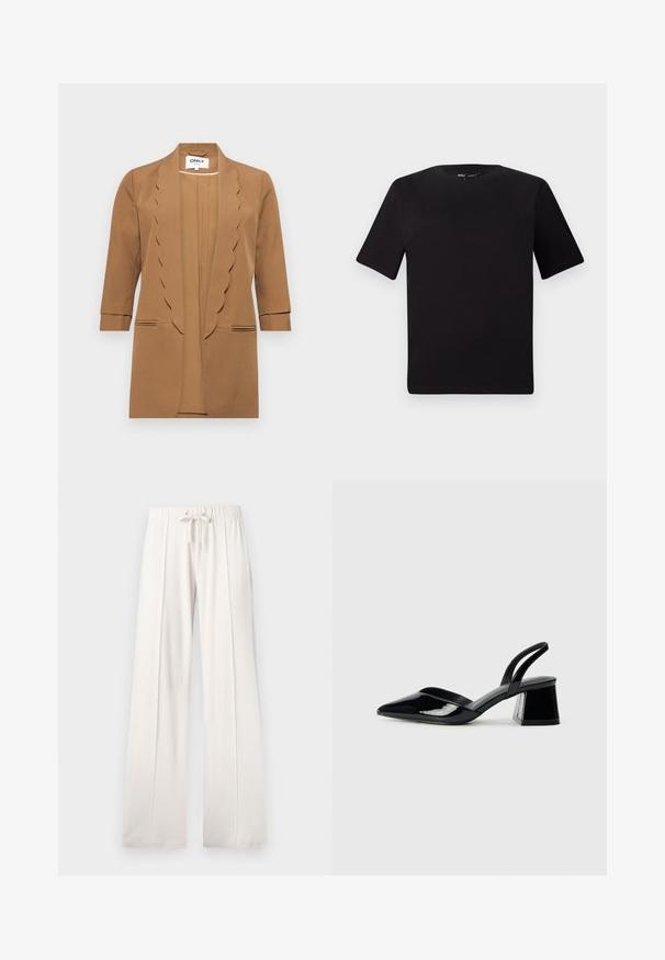 ONLY ONLELLY 3/4 LIFE SCALLOP - Bleizeris - toasted coconut; Juodas trumpas rankovės marškinėlis su apvaliu iškirpimu, pagamintas iš minkštos medvilnės medžiagos. Paprastas dizainas, be matomų logotipų ar raštų.; Šviesiai smėlio spalvos sportinės kelnės, pagamintos iš minkštos medžiagos, su raišteliu juosmenyje, plačiomis ilgomis kojomis ir vertikaliomis siūlėmis, turinčios lygų paviršių.; Juodos lakuotos odinės šlepetės su smailiu pirštu ir geometriniu bloko kulnu. Turi elegantišką, minimalistinį dizainą ir lygų paviršių.