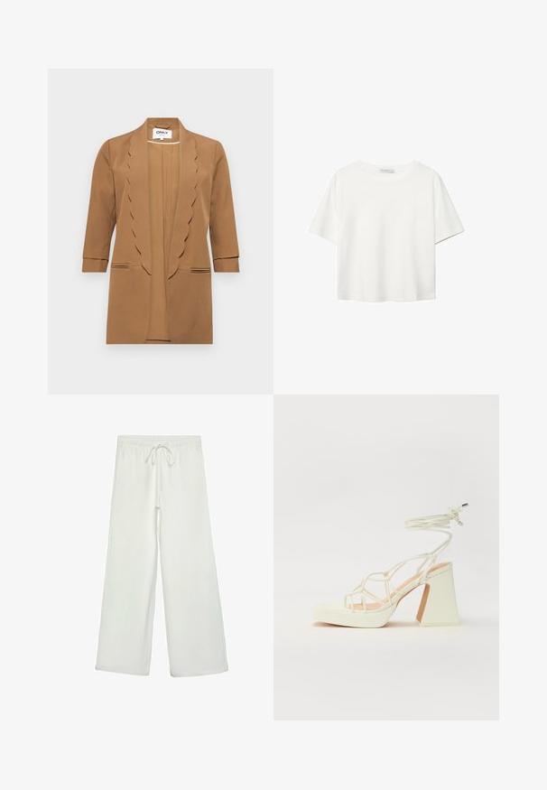 ONLY ONLELLY 3/4 LIFE SCALLOP - Suknjič - toasted coconut; Bela kratka majica s kratkimi rokavi iz bombaža. Ima okroglo izrezovanje in sproščen kroj. Gladka tekstura brez vidnih vzorcev ali poudarkov.; Bele široke hlače iz mehkega blaga. Imajo elastičen pas s vrvico in gladko teksturo. Brez vidnih vzorcev ali kovinskih delov.; Bela sandala na visokih petah s debelim petam, ki ima obliko trakcev in vezanje okoli gležnja. Gladka tekstura z platformo spredaj za dodatno višino.