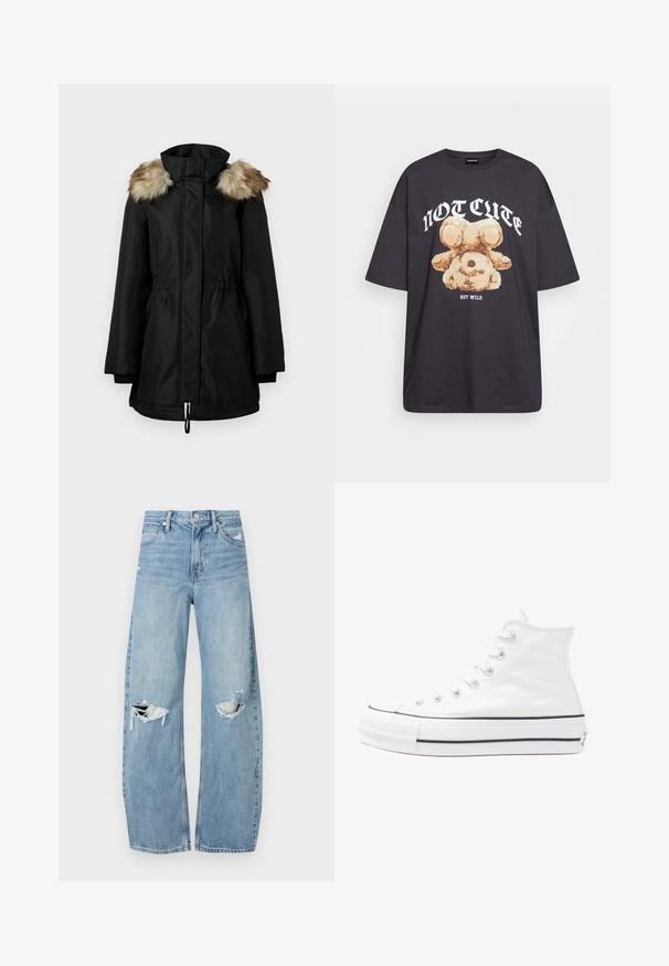 Cappotto invernale lungo nero con alto colletto e rifiniture di pelliccia marrone sulle spalle, dotato di zip frontale e vita cinchata.; T-shirt nera oversize con una grafica di un orso e la scritta "NON CARINA MA SELVAGGIA" in grassetto, lettere bianche. Materiale in cotone.; Jeans azzurri chiari a vita alta realizzati in denim. Presentano gambe larghe, due aree strappate sulle ginocchia e il classico styling a cinque tasche.; Sneaker alta in tela bianca con suola in gomma nera, punta in gomma frontale e sei asole per i lacci, caratterizzata da un design pulito e minimalista.