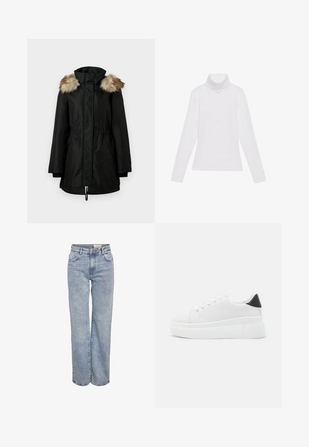 Crni dugi zimski kaput s visokim ovratnikom i smešnim krznom na ramenima, s prednjim zatvaračem i uvučenim strukom.; Bijela majica dugih rukava s rolificom izrađena od glatkog, rastezljivog materijala. Ima visoki ovratnik i uski kroj, bez vidljivih uzoraka ili ukrasa.; Svijetloplave široke traperice napravljene od denima, s visokim strukom, dizajnom od pet džepova i suptilnim izbljeđivanjem za izgled nošenih traperica.; Bijele platforme tenisice napravljene od glatkog sintetičkog materijala, s okruglim vrhom, dizajnom s vezanjem i teksturiranom gumenom potplatom. Crni detalj na peti.