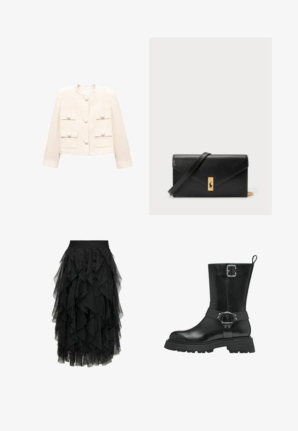 Hvid struktureret jakke med et cropped design, der har fire forlommer, runde knapper og frynset kanter.; Sort t-shirt med korte ærmer og bred, off-shoulder halsudskæring. Glat tekstur, afslappet pasform, enkelt design uden yderligere mønstre eller detaljer.; Sort midi nederdel lavet af lagdelt tyl med en volangdesign. Har en elastisk talje. Det gennemsigtige stof tilføjer tekstur og bevægelse.; Sort læderankelstøvle med en robust gummisål, der har en bred rem med en metalring og spænde detaljer på siden for et ekstra design.; Sort lædertegnebog med en fold-over klap, guldfarvet hardware og en logoaccent. Inkluderer en aftagelig rem til bæring.