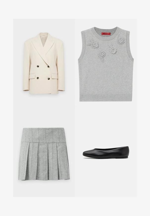 Cream-colored double-breasted blazer with wide lapels and four dark buttons, featuring two flap pockets and structured shoulders.; Light grey sleeveless sweater with a ribbed neckline and hem. Features three textured floral appliqués on the front. Brand label: MAX&Co.; Gray pleated skirt made from herringbone-patterned fabric; features a structured waistband and a straight cut at the bottom.; Paul Smith TOPANGA - Ballet pumps - black