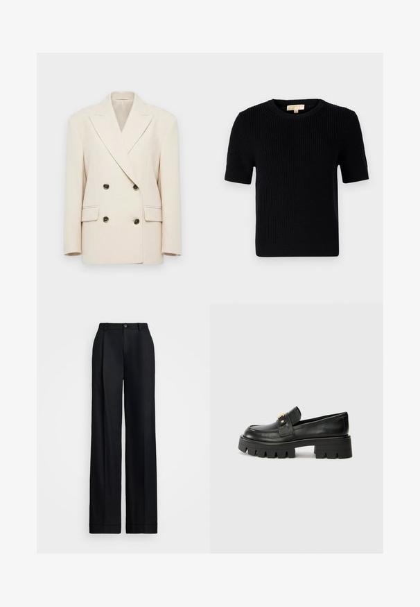 Cream-colored double-breasted blazer with wide lapels and four dark buttons, featuring two flap pockets and structured shoulders.; Black knitted short-sleeve sweater with a round neckline. Features a ribbed texture and a straight-cut hemline. Label on the inside collar.; Black wide-leg trousers featuring a smooth finish, flat front, belt loops, and a single button closure at the waist.; Black leather loafers with a chunky sole, featuring a gold-tone accent on the front and a smooth finish. Chunky tread design on the sole.
