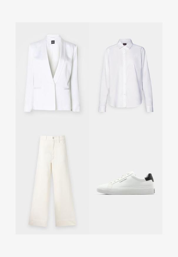Bílý přizpůsobený blazer s saténovým povrchem, šálovým límcem a předními kapsami na klopu. Má strukturované ramena a dlouhé rukávy.; Bílé košile s dlouhými rukávy, zapínání na knoflíky, vyrobené z bavlny. Má klasický límec a diskrétní vyšívané logo na hrudi. Hladká textura.; Kalhoty s širokými nohavicemi v světle béžové bavlně. Mají vysoký pas, přední kapsy a rovný střih. Čistý lem bez vzorů.; Bílé tenisky s hladkým povrchem, černým akcentem na patě a šněrovacím designem. Na boku mají značku "Calvin Klein". Minimalistický styl.