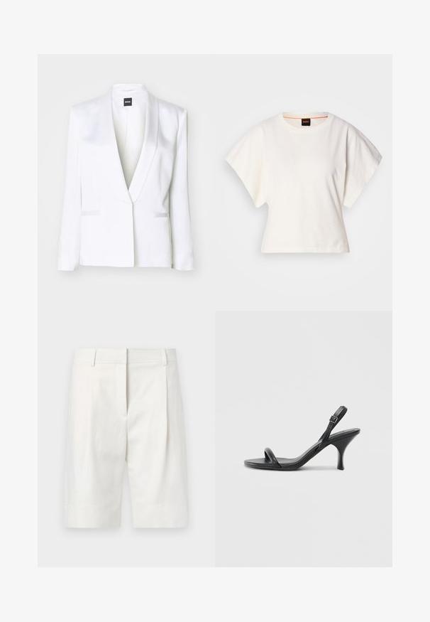 Biely šitý blejzer so saténovým povrchom, so šálovým golierom a prednými vreckami s klopou. Má štruktúrované ramená a dlhé rukávy.; Biely skrátený tričko, krátke široké rukávy, mäkký bavlnený materiál, okrúhly výstrih s jemným oranžovým lemovaním, minimalistický dizajn, bez vzorov alebo grafiky.; Svetlosfarbené prispôsobené šortky z bavlny s plochým predným dielom, záhybmi a rovným strihom. Hladká štruktúra s klasickým dokončením.; Čierne kožené sandále na vysokom podpätku s štíhlym, zakriveným podpätkom a prekríženým pásikovým dizajnom. Nastaviteľný pásik okolo členka. Hladká textúra.