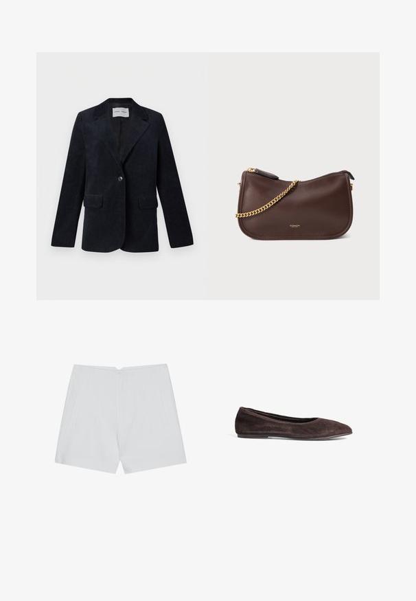 Granatowa sztruksowa marynarka z klapą z wcięciem, długimi rękawami, dwoma przednimi kieszeniami, zapięciem na jeden guzik oraz gładkim, wewnętrznym podszewką.; Biała koszulka z bawełny, z krótkimi rękawami i okrągłym dekoltem. Charakteryzuje się luźnym krojem oraz minimalistycznym stylem, bez wzorów i dodatków.; Białe szorty o dopasowanym kroju, z płaskim przodem, dwoma bocznymi kieszeniami i prostym wykończeniem. Wykonane z gładkiego materiału bez widocznych wzorów.; Brązowe zamszowe baleriny z wąskim czubkiem i niskim profilem. Charakteryzują się gładką fakturą i minimalistycznym wzornictwem. Brak widocznych elementów metalowych lub dekoracji.; Brązowa skórzana torebka o zaokrąglonym kształcie, z złotym łańcuchowym paskiem i zapięciem na zamek. Logo wytłoczone z przodu. Gładka tekstura.